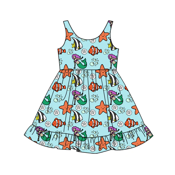 Preorder (moq 5)Baby Girls Cartoon Mermaid Fishes Ruffle Knee Length Dresses 12.13