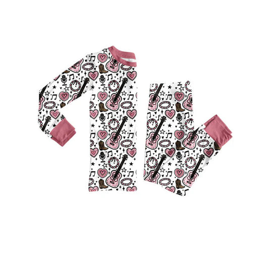 Preorder(moq 5) Baby Girls Stars Guitars Hearts Top Pants Western Pajamas Set 10.23