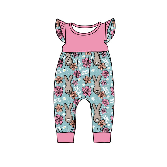 preorder(moq 5) Baby Girls Flutter Sleeve Flowers Rabbits Happy Easter Rompers 1.9