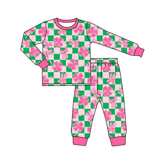 Preorder(moq 5) Baby Girls Bows Clovers Checked Top Pants St Patrick Pajamas Sets 10.30