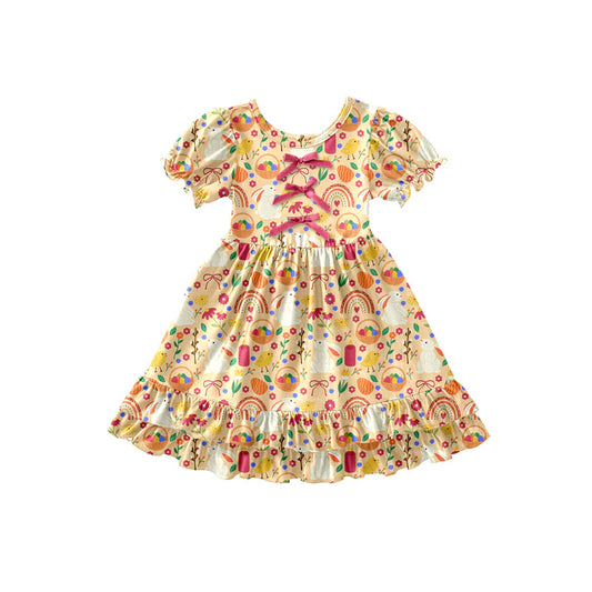 Preorder (moq 5)Baby Girls Rabbits Rainbows Bows Easter Ruffle Knee Length Dresses 12.26