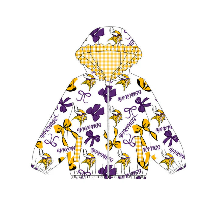 Preorder(moq 5)Baby Girls Yellow Purple Bows Vikings Pocket Zipper Team Ruffle Hoodies Jackets 10.16