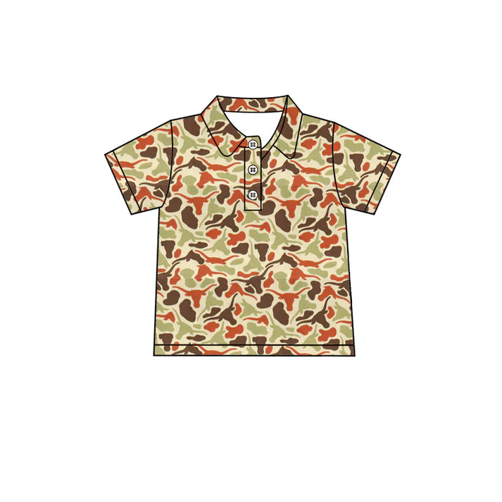 Preorder (moq 5)Baby Boys Southern Camo Bull Skulls Team Button Polo Shirts Top 1.8
