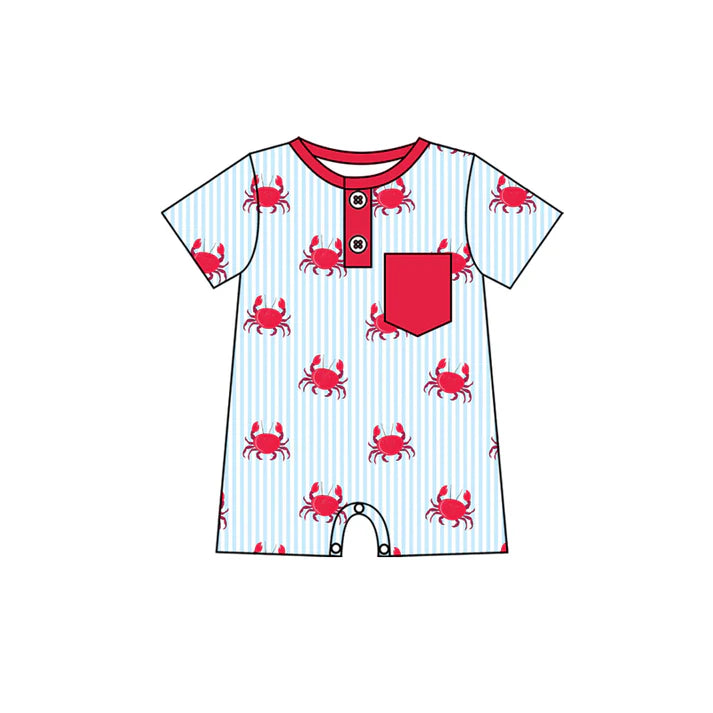 Preorder (moq 5)Baby Boys Red Crabs Stripe Pockets Button Shorts Rompers 12.18