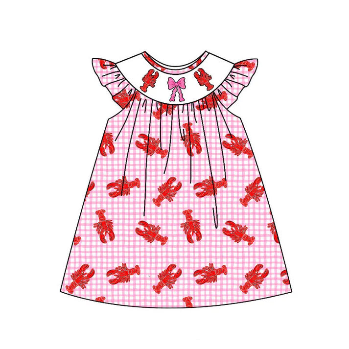 Preorder(moq 5) Baby Girls Pink Checked Crayfishes Flutter Sleeve Knee Length Dresses 11.4