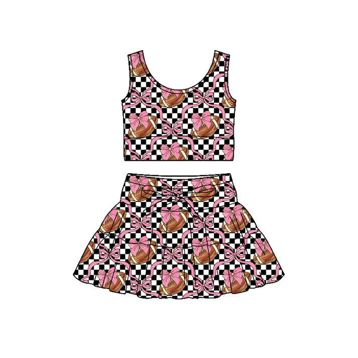 Preorder (moq 5)Baby Girls Black Checked Footballs Bows Vests Skirt Shorts Team Clothes Set 1.7