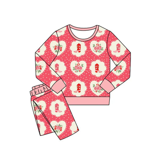 Preorder(moq 5) Baby Girls Floral Boots Hearts Pants Western Pajamas Sets 11.8