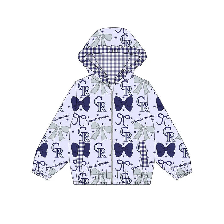 Preorder(moq 5)Baby Girls Grey Navy Bows CR Pocket Zipper Team Ruffle Hoodies Jackets 10.16