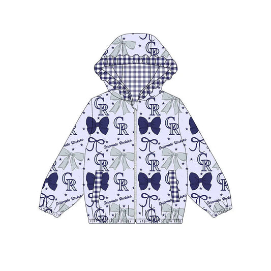 Preorder(moq 5)Baby Girls Grey Navy Bows CR Pocket Zipper Team Ruffle Hoodies Jackets 10.16