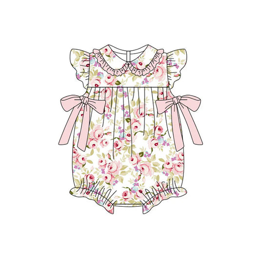 Preorder (moq 5)Baby Girls Flutter Sleeve Pink Flowers Bows Ruffle Rompers 11.11