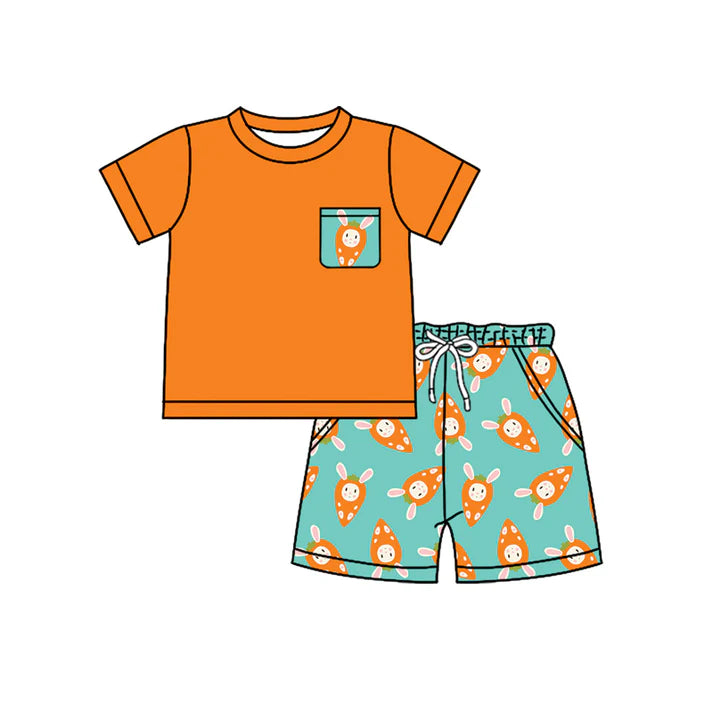 Preorder (moq 5)Baby Boys Orange Shirt Rabbits Carrots Pockets Shorts Easter Clothes Set 12.18