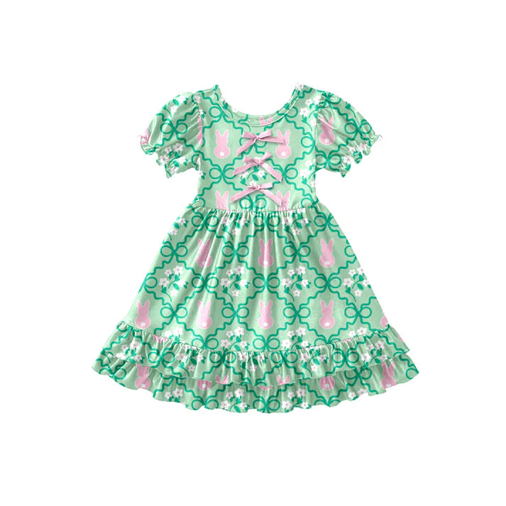 Preorder (moq 5)Baby Girls Rabbits Bows Checked Easter Ruffle Knee Length Dresses 12.26