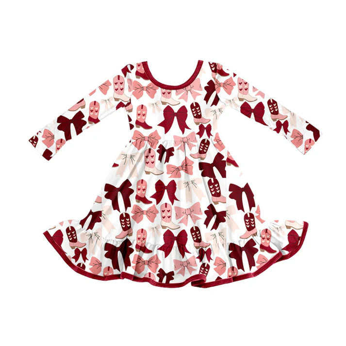 Preorder (moq 5)Baby Girls Red Pink Bows Boots Valentine Ruffle Knee Length Dresses 9.3