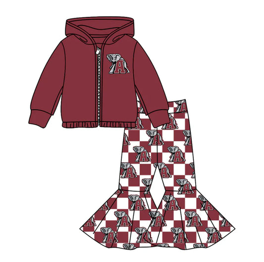 Preorder(moq 5) Baby Girls Red A Elephants Zipper Hoodie Jacket Bell Bottom Pants Team Clothes Sets 11.5