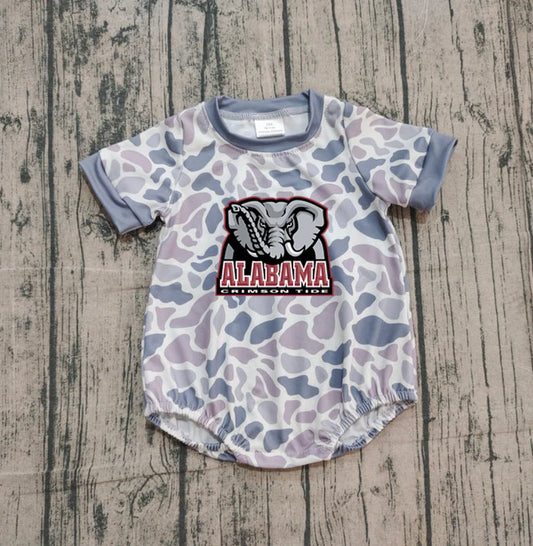Preorder (moq 5)Baby Boys Grey Camo Elephant Alabama Team Rompers 10.30
