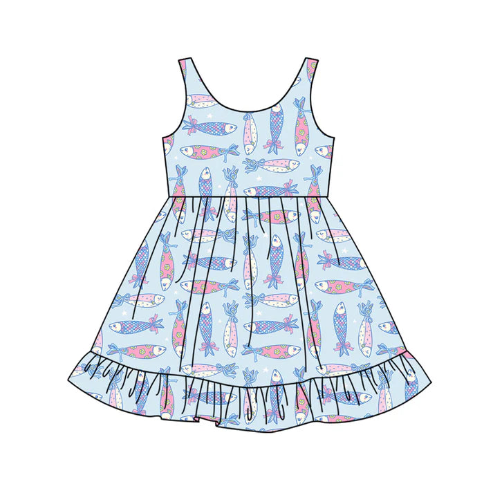 Preorder (moq 5)Baby Girls Bows Flowers Fishes Ruffle Knee Length Dresses 12.13