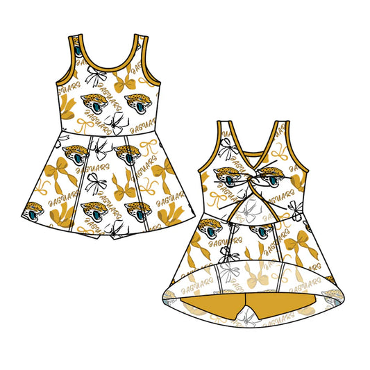 Preorder (moq 5)Baby Girls Sleeveless Bows Plaid Eaguars Shorts Team Knee Length Dresses 6.30