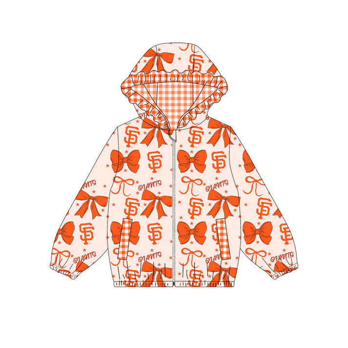 Preorder(moq 5)Baby Girls Orange Bows SF Giants Pocket Zipper Team Ruffle Hoodies Jackets 10.16