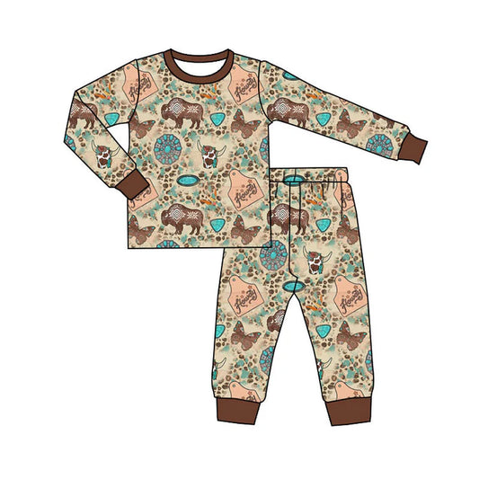 Preorder (moq 5)Baby Boys Aztec Cows Turquoises Top Pants Western Pajamas Sets 11.25