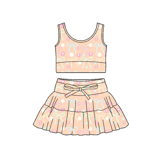 Preorder (moq 5)Baby Girls Sleeveless Colorful Flower Bows Vest Top Skirt Shorts Clothes Sets 12.19