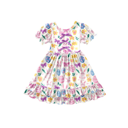 Preorder (moq 5)Baby Girls Rabbits Eggs Flowers Easter Ruffle Knee Length Dresses 12.26