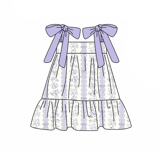 Preorder(moq 5) Baby Girls Lavender Strap Bows Flowers Stripe Ruffle Knee Length Dresses 10.21