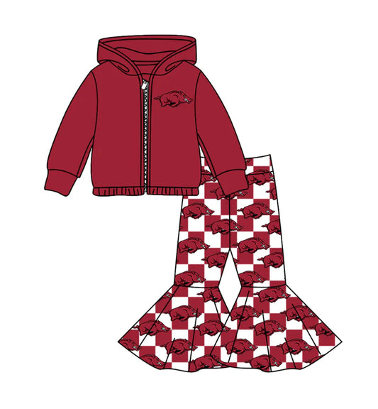 Preorder(moq 5) Baby Girls Red Bulls Zipper Hoodie Jacket Bell Bottom Pants Team Clothes Sets 11.5