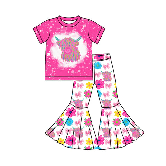 Preorder(moq 5)Baby Girls Highland Cows Top Flowers Bell Bottom Pants Western Clothes Sets 12.17