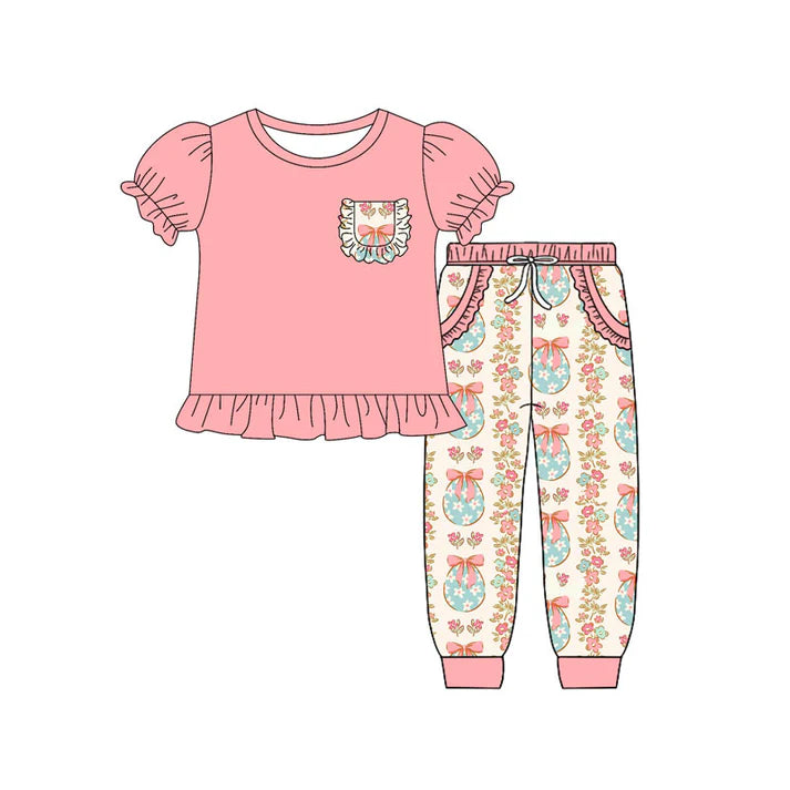 Preorder (moq 8)Baby Girls Eggs Flowers Pocket Top Pockets Legging Easter Clothes Sets 9.12