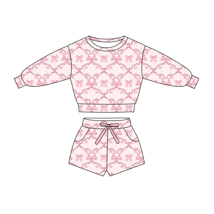 Preorder(moq 5) Baby Girls Pink Bows Checked Long Sleeve Top Pockets Shorts Clothes Sets 11.4