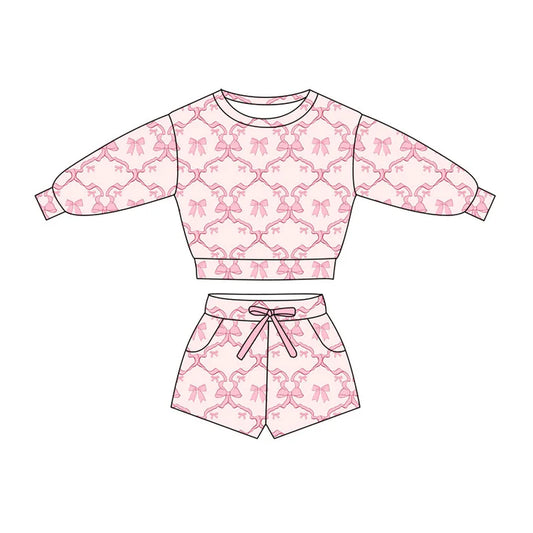 Preorder(moq 5) Baby Girls Pink Bows Checked Long Sleeve Top Pockets Shorts Clothes Sets 11.4