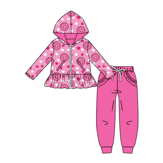 Preorder (moq 5)Baby Girls Donuts Hearts Pockets Zip Hoodie Jackets Jogger Valentines Clothes Sets 11.20
