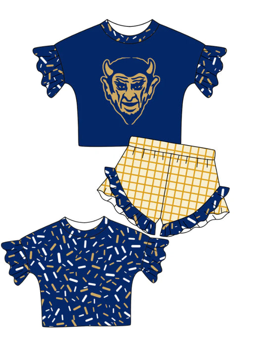 Preorder (moq 5)Baby Girls Navy Back Sprinkles Top Checked Ruffle Shorts Team Clothes Set 1.12
