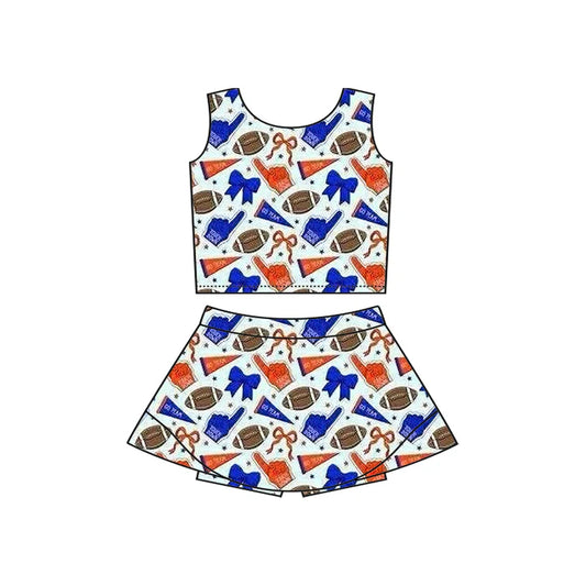 Preorder moq 5 Baby Girls Sleeveless Hot Blue Football Cheer Vest Top Skorts Team Set 7.11