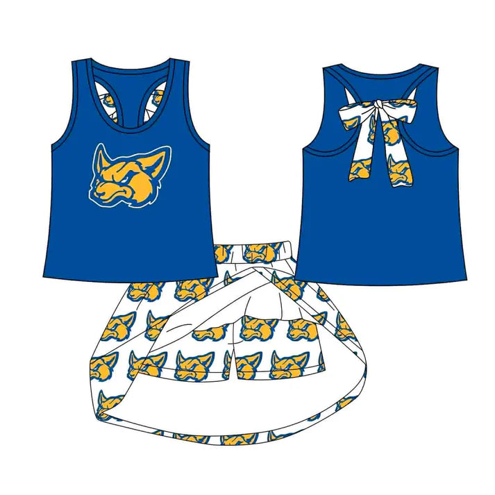 Preorder (moq 5)Baby Girls Blue Fox vest team Top Skirt Skort Sets 8.12