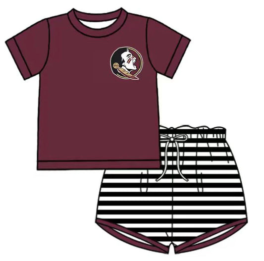 Preorder (moq 5)Baby Boys Top Dark Red Stripe Shorts Team Clothes Sets 12.27