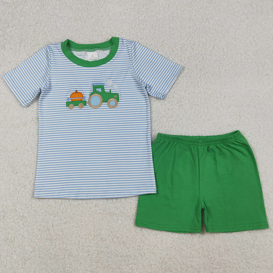 Baby Boys Clothes Blue Stripe Truck Pumpkin Embroidery Top Shorts Fall Clothes Sets BSSO1549 9.20