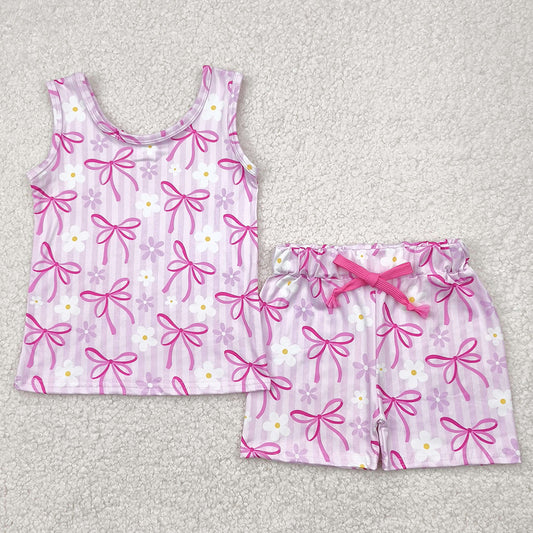 Baby Girls Clothes Sleeveless Pink Bows Flowers Top Shorts Sets GSSO2479 4.21