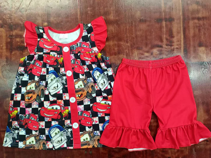 Preorder moq 5 Baby Girls Red Flutter Sleeves Cartoon Cars Button Ruffle Short Set 5.7