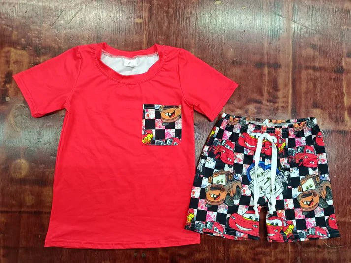Preorder moq 5 Baby Boys Red Short Sleeves Pocket Top Cartoon Cars Short With Belt Set 5.7