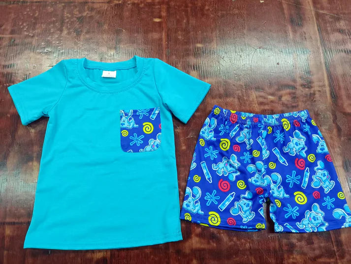 Preorder moq 5 Baby Boys Blue Short Sleeves Pocket Top Back To School Short Set 5.7