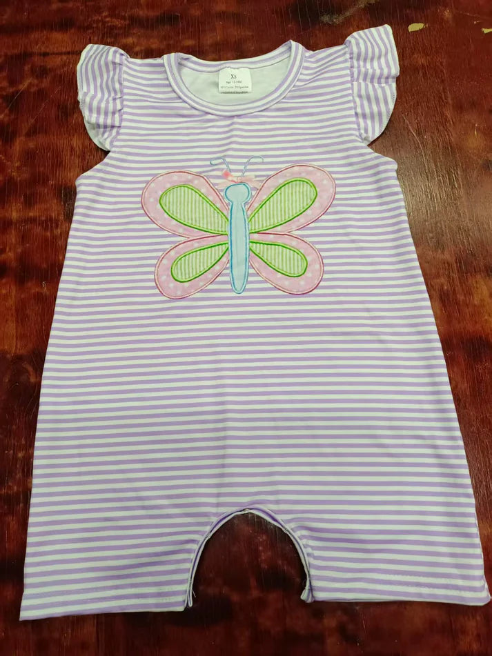 Preorder moq 5 Baby Girls Lavender Stripe Flutter Sleeves Butterfly Pant Rompers 5.9