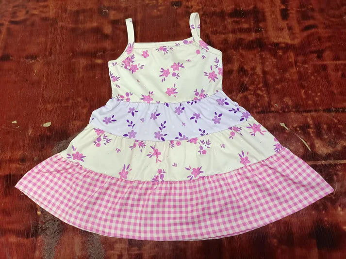 Preorder moq 5 Baby Girls Strap Flowers Plaid Patchwork Knee Length Dresses 5.9