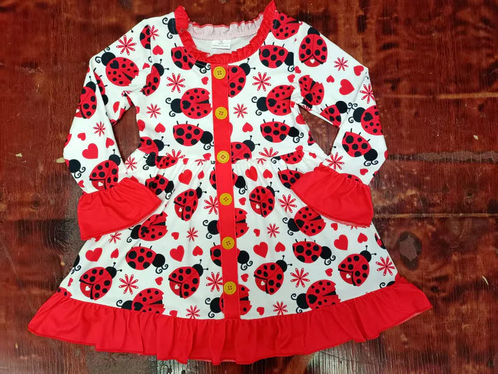 Preorder moq 5 Baby Girls Red Long Ruffle Sleeves Button Hearts Ladybird Knee Length Dresses 5.9