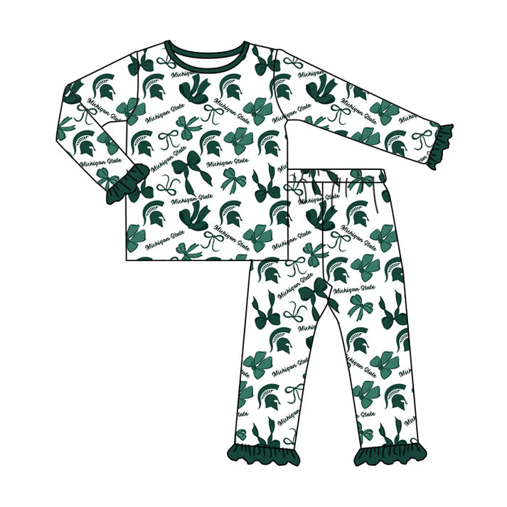 Preorder MOQ 5 Long sleeves M green yellow bow kids girls team pajamas 8.25