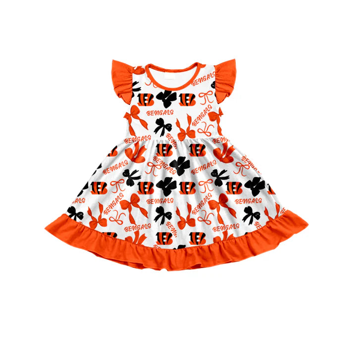Preorder (moq 5) flutter sleeves B orange bows girls team dress 8.18