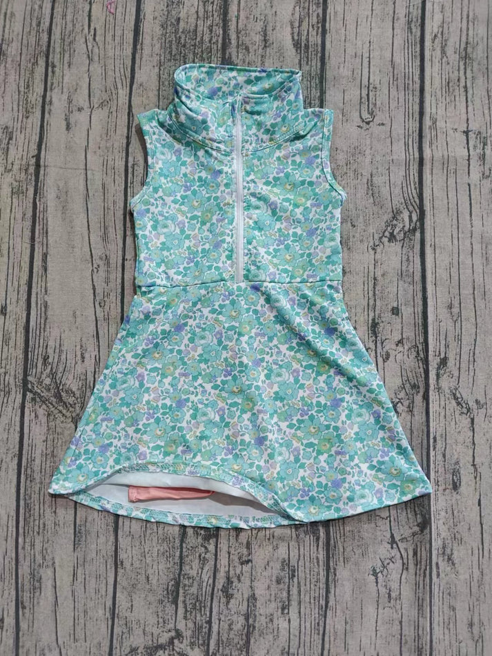 Preorder moq 5 Baby Girls Short Sleeves Blue Flowers Zipper Knee Length Dresses 7.2