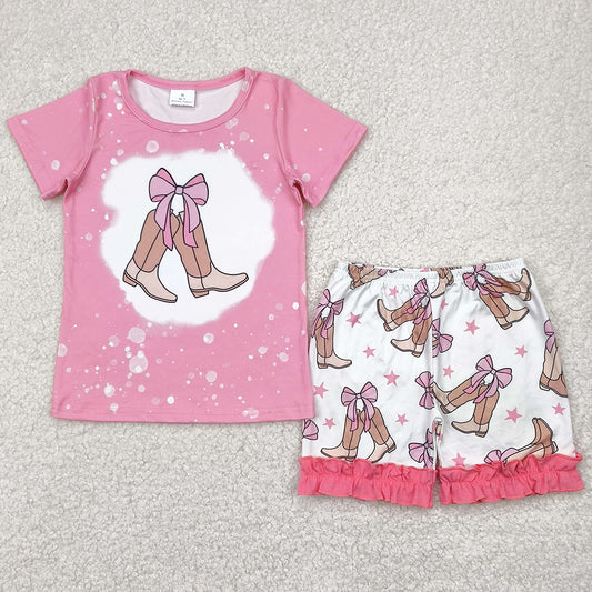 Baby Girls Clothes Western Pink Bow Boots Top Ruffle Shorts Sets GSSO2354 4.21