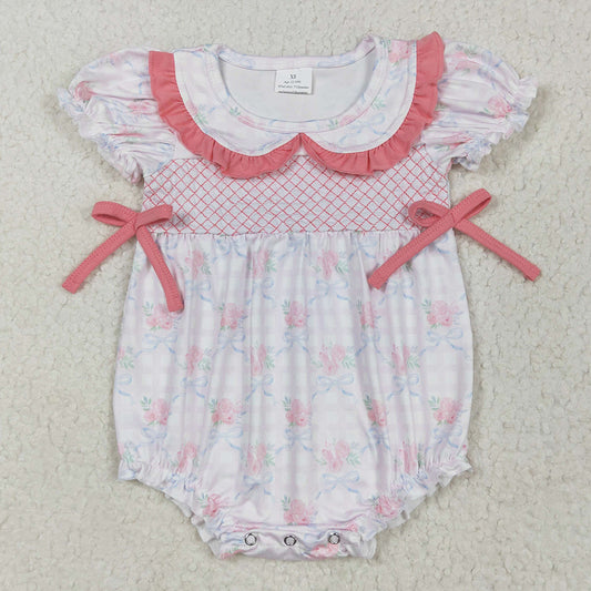 Embroidery Baby Infant Girls Rompers Pink Short Ruffle Sleeves Floral Bows Top Rompers Preorder SR2917 4.28