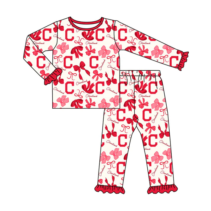 Preorder MOQ 5 Long sleeves C red blue bow kids girls team pajamas 8.21